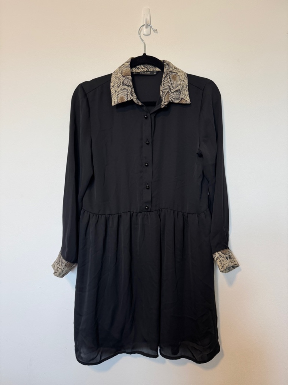 Zara Black Mini Dress with Snake-Print Collar and Cuffs
